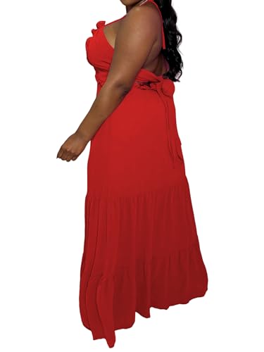 Image of TOPSRANI Womens Sleeveless Maxi Dress Halter Casual Backless Smocked Tiered Ruffle Flowy Sexy Slip Sling Strap Dresses