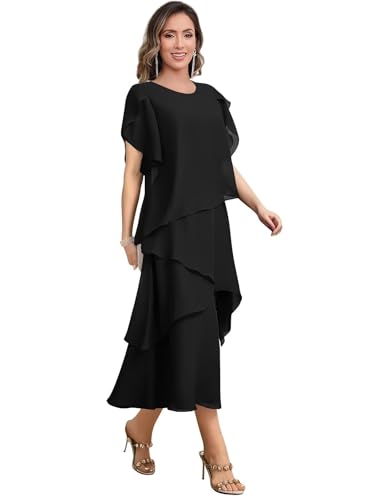 Tea Length Chiffon Mother of The Bride Dresses Layered Grandmother Dress Short Sleeve Wedding Guest Dresses Summer