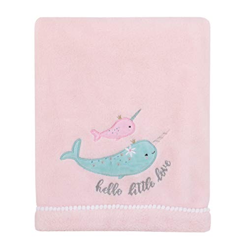 Image of NoJo Under The Sea Whimsy Pink & Blue Narwhals Super Soft Appliqued Baby Blanket, Pink, Light Aqua