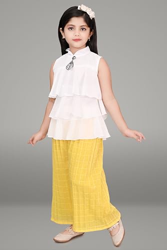 Image of Chiffon Self Design Printed Dress & Capri Set For Girls