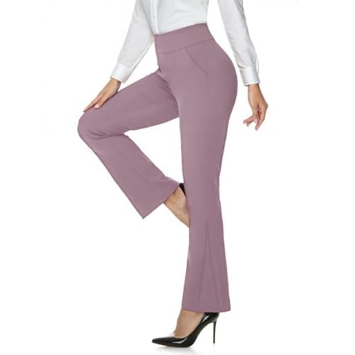 Womens Flare Dress Pants High Waisted Bootcut Yoga Work Slacks Pull On Tummy Control Workout Leggings with Pockets Grayish Purple Small