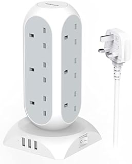 Tower Extension Lead with USB, TESSAN 12 Way Multi Plug Socket 3 USB Ports with 2M Cable, Vertical Extension Cords with Widely Spaced Outlets for Home Office Kitchen, Grey