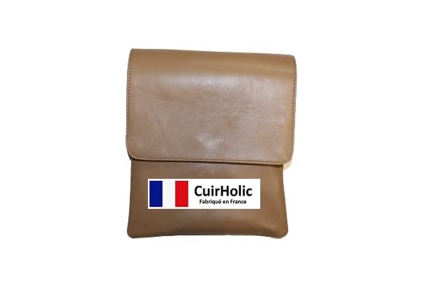 Pochette bandoulière rabat camel en cuir d'agneau véritable taille L, grand sac de créateur français
