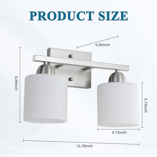 Image of Mecgirn Stainless Steel Milk Glass Vanity Lights for Bathroom, 2 Light Brushed Nickel Bathroom Light Fixtures Over Mirror, Ceramic E26 Sockets Wall Mounted