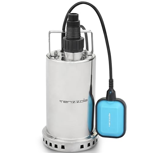 Tenzzola Sump Pump, 3/4 HP 3180GPH Submersible Utility Water Pump, Stainless Steel Portable Electric Water Removal Transfer Pump with 16.4FT Cord for Swimming Pool Basement Garden Pond Tubs Draining