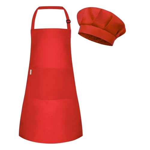 Image of uniformer Kids Apron with Chef Cap for Cooking, Baking, Painting Art & Crafts | Adjustable Child Apron with 2 Pockets | Great for Kitchen, School