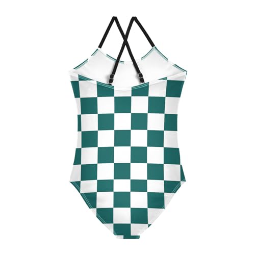 Image of Black and White Chess Girls One Piece Swimsuits Board Marble Tile Sport Halter Swimwear Beach Bathing Suit 3T