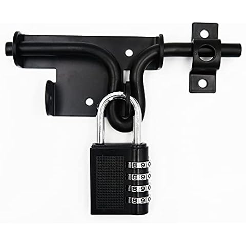 LAJIAOZ Black Heavy Duty Slide Bolt Gate Latch with Padlock Hole - Solid Hardware Thickened Metal Door Locks Gate Latches for Shed Door,Wooden Fences,Barn Doors,Yard Door(with Password Padlock) Cover