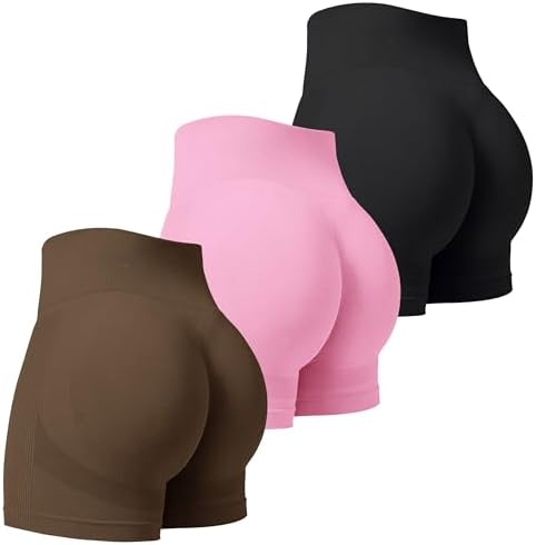 VVX 3 Piece Womens Workout Shorts Scrunch Butt Lifting Seamless High Waist Yoga Gym Shorts for Women - Black/Brown/Pink M