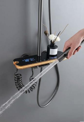 Image of X-XONIER Luxury thermostat Shower set System 4in1 shower panel with large Overhead Shower+3 Ways Hand Held, 2 way biget, Hidden Tub Spout,+Sun Shine Big light, digital temperature display