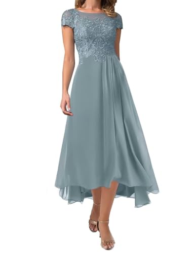Women's Chiffon Mother of The Bride Dress Lace Appliques Short Sleeves A-Line Midi Length Formal Prom Party Dresses4