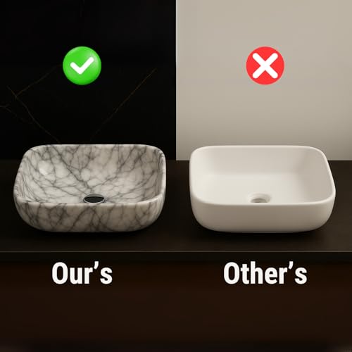 Image of Ceramic Tabletop Wash Basin - Glossy Rectangular Countertop Vessel Sink with Marble Finish for Bathroom & Vanity | Compact 18 x 13 x 5 Inch | Elegant Washbasin