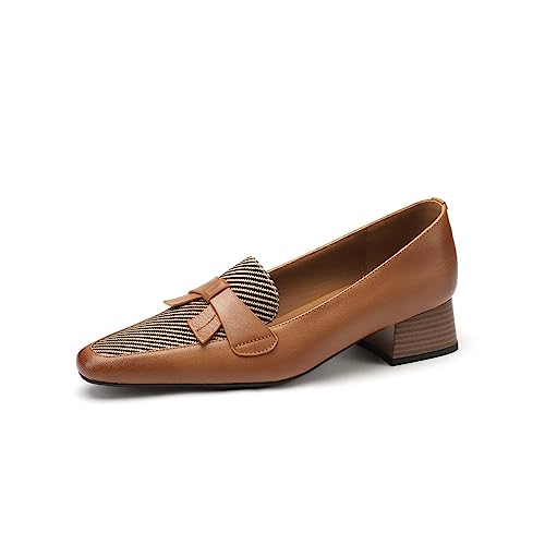 Image of TinaCus Women's Round Toe Genuine Leather & Stripe Fabric Handmade Bowknot Low Chunky Heels Loafers Shoes