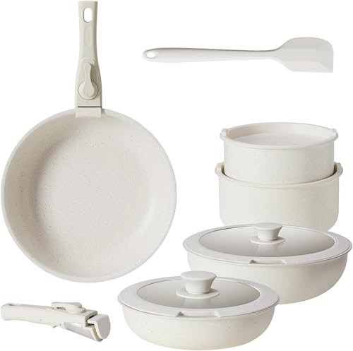 DUMOS Juego de ollas y sartenes antiadherentes de 12 piezas, utensilios de cocina con asas extraíbles, ideal para cocinar en casa, color blanco crema