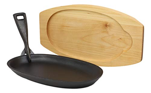 Ebros Personal Size 9.5"Lx5.5"W Enamel Coated Cast Iron Sizzling Fajita Skillet Japanese Steak Plate With Handle and Wood Base Restaurant Home and Kitchen Cooking Supply For Pan Grilling Meats Seafood