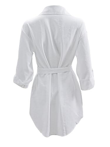 LYANER Women's Collar V Neck Belted High Low Roll Half Sleeve Pocket Front Office Mini Dress2