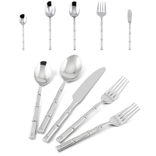 Flatasy Flatware Serving Set Silverware Set Stainless Steel Cutlery Set Bamboo Pattern Mirror Finished 45 Pieces Party Event Use Wedding Housewarming Gift Service for 8