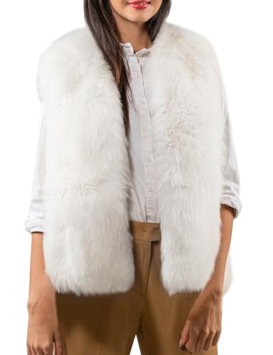 Flygo Faux Fur Vest Women Sleeveless Faux Fur Jacket Furry Open Front Cardigan Top Fluffy Winter Vest Outerwear(White-L)