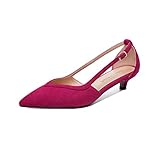 WAYDERNS Women's Wedding Kitten Pointed Toe Low Heel Suede Dress Buckle Adjustable Strap 1.5 Inch Solid Pumps Shoes Magenta Size 8 - Zapatos de Tacon Bajo para Mujer