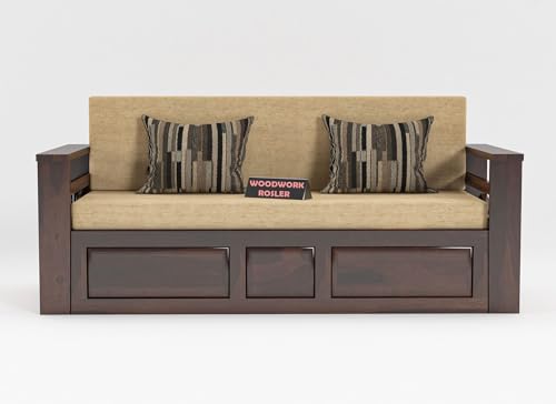 Image of Solid Sheesham Wooden Sofa Cums Bed with Mattresses for Living Room|Rosewood 3-Person Sofa Cums Bed for Bedroom Without Pillow (G-Walnut Finish)