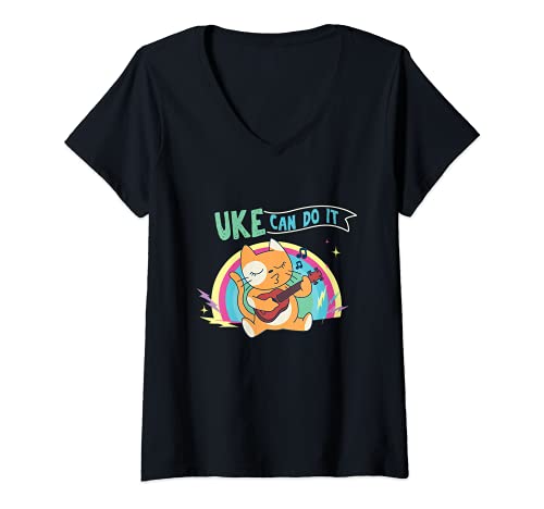Womens Uke Can Do Hawaii Musician Guitar Uke Acoustic Hawaiian V-Neck T-Shirt, Black