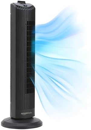 Amazon Basics - Ventilador de torre oscilante manual de 28 pulgadas, 3 velocidades con control mecánico