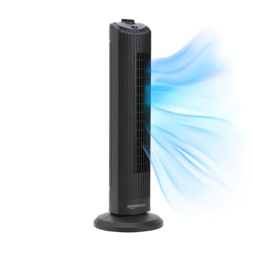 Amazon Basics 28″ (71 cm) 60-Degree Oscillating Tower Fan for Bedroom, Living Room, Office, With 3 Speeds, Intuitive Mechanical Control, Matte Black, 35W, 27.8″ x 9.4″ x 9.4″ (71 cm x 24 cm x 24 cm)