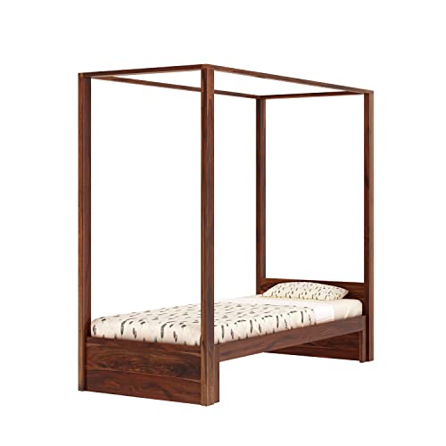 Image of Solid Sheesham Wood Single Size Poster Bed Without Storage for Bed Room Living Room Home Wooden Double Bed Palang Solid Wood Bedroom Furniture for Hotel (Honey Finish)