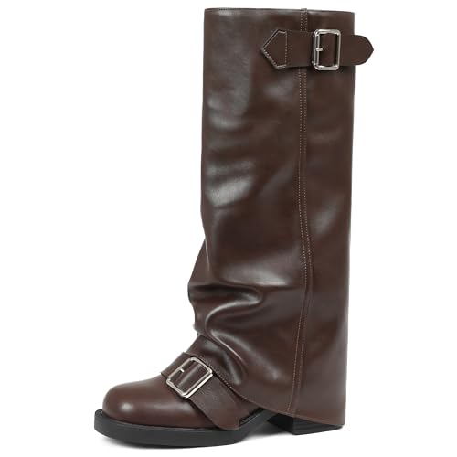 AMINUGAL Brown Knee High Boots for Women Fold Over Chunky Block Heel Festival Trendy Casual Round Toe Buckle Tan Tall Slouchy Boots Motorcycle Riding Rave Club Pull on Y2K Long Boots Size 8.5