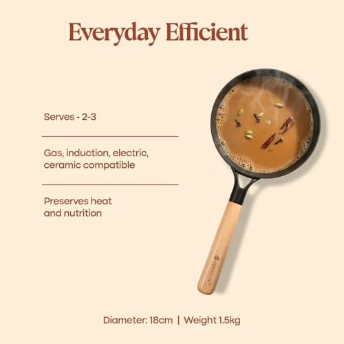 Image of CUMIN CO. Cast Iron Sauce Pan with Lid | 1.5 litres, 18 cm | Induction Base Cookware |5 Years Warranty | Non Toxic Pan for Tea and Serving Sauces | Chemical Free Coating | Beechwood Handle | Rust