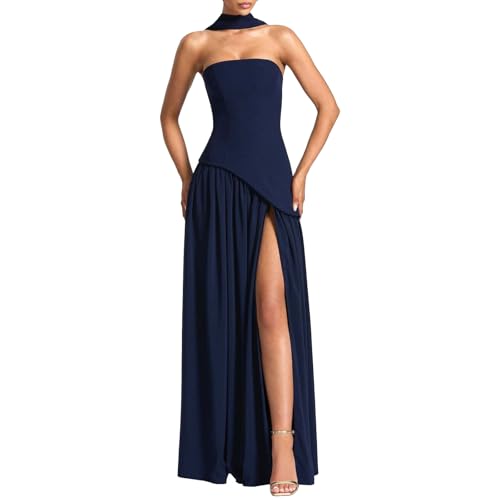 Elegant Satin Halter Gown Womens Long Formal Dress Ruched Line Strapless Bridesmaid Dresses with Scarf 2025 Blue X-Large