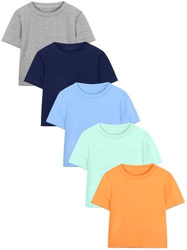 Lista de Camisetas de manga corta para Niño - solo los mejores. 41 Poroka - Paquete de 5 camisetas de algodón de manga corta para niños pequeños, Azul bebé, azul marino, naranja oscuro, gris claro, menta, 4 Años