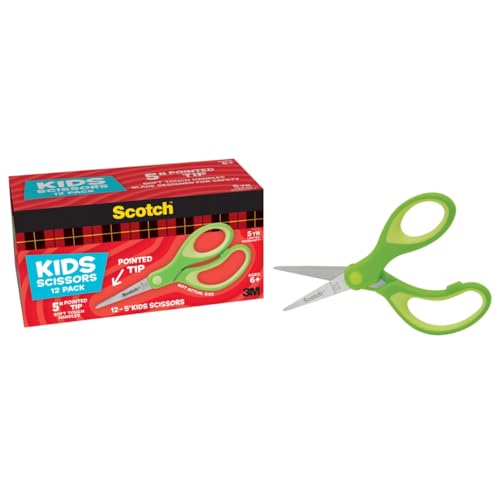 Image of Scotch 5 inch Soft Touch Pointed Tip Kids Scissors, 12 Count Teacher's Pack, Green, All-Purpose Scissors for School and Crafts (1442P-12)