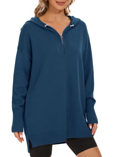 Women’s Hooded Sweater Loose Half Zip Drawstring Pullover Sweatshirt Top Casual Long Sleeve Side Slit Knit Hoodie3