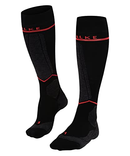 FALKE Women's SK Compression Wool Ski Socks, Black (Black-Neon Red 3178), 5-7.5