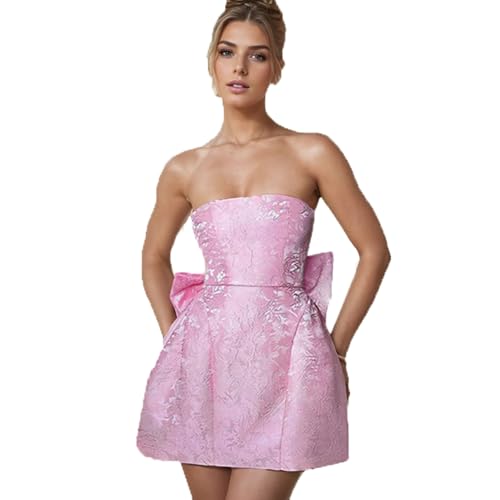 Image of BNGD Women's Solid Color Bustier Backless Bow Dress Sexy Jacquard Strappy Mini Skirt(Pink,Medium)