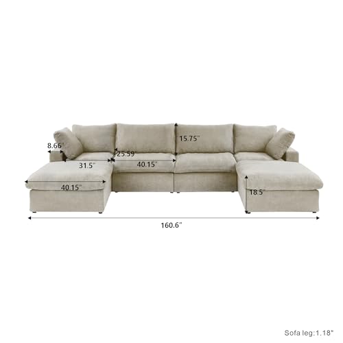 Cloud Couch Modular Sectional Sofa with 2 Storage Ottomans,160.6" U Shaped Couch,Minimalist 6 Seater Wide Deep Seat Convertible Couches, Covers Washable&Replaceable,Khkai