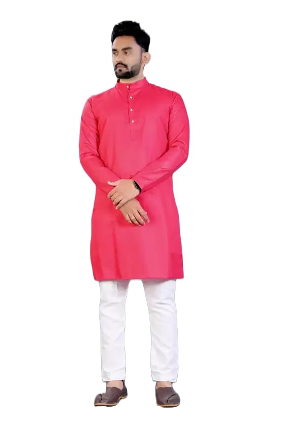 Image of weltpocket Men's Cotton Blend Solid Straight Kurta Pyjama
