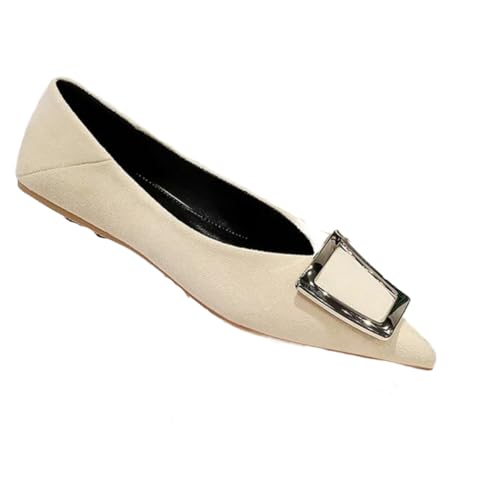 YTR6TW Women Flats Metal Buckle Pointed Toe Low Heels Shoes Versatile Office Daily Pumps