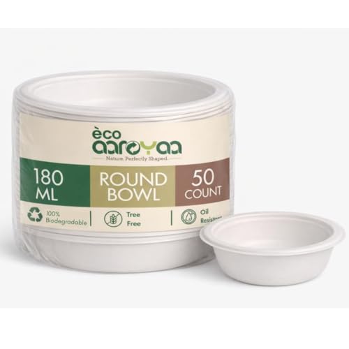 Image of Eco Aaroyaa Disposable Bagasse Bowls - 180 ML - Pack of 50 Biodegradable DIsposable Bowls - Eco-Friendly Dip, Sauce & Chutney Disposable Cups - Leak-Resistant Small Serving Bowls (Pack of 50)