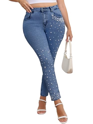 EZAPINE Pearls Skinny Jeans for Women High Waist Stretchy Trendy Slimming Jeggings Denim Pants Navy Blue