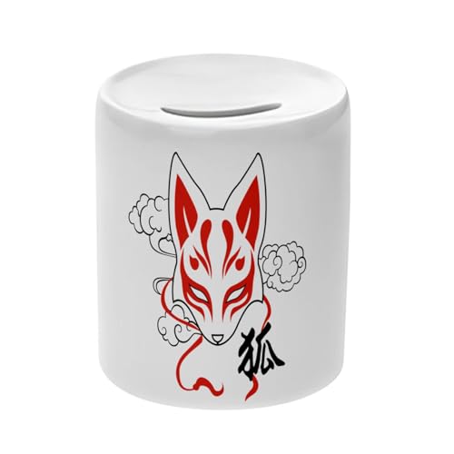 Tirelire Céramique Blanche - Kitsune Renard Japon Asie Culture Manga - Boîte à Monnaie avec Bouchon Décoration Chambre Imprimé en France