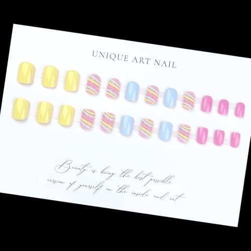 Image of 24Pcs Colorful Press on Nails Stripe Fake Nails Short Square Nail Press ons