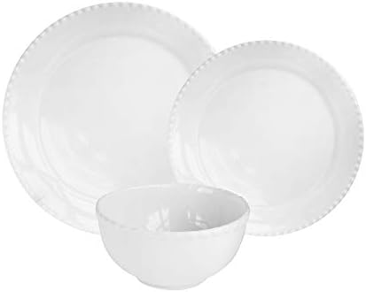 Hamilton Beaded Casual Round Dinnerware Set – 12-Piece Stoneware Dinner Party Collection for Entertaining w/ 4 Dinner Plates, 4 Salad Plates, & 4 Bowls, White