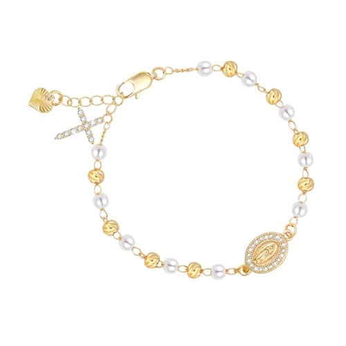 Women's Catholic Rosary Cross Bracelets - 14K Gold Plated Virgin Mary Rosarios Catolicos Crucifix Charm Bracelets for Women, Dainty Virgen de Guadalupe Religious Gift for Women Confirmation Baptism
