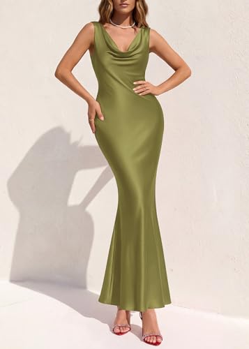 Image of KIRUNDO Womens Cowl Neck Sleeveless Bodycon Satin Maxi Dress | Formal Silk Long Dresses, Mermaid Hem, 2026 Summer Elegant Wedding Guest Cocktail Party Fall Outfits