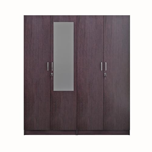 Image of VIKI Wardrobe | Wooden Almirah for 4 Door Fully Shelves Mirror Wardrobe (Dark Wenge - 40D x 160W x 180.8H) | 1 Year Warranty | Free Assembly
