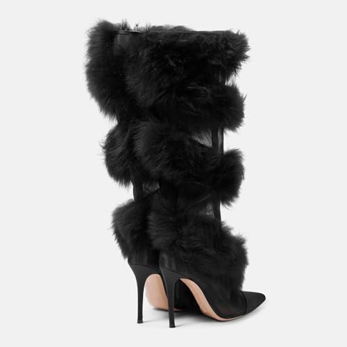 Women's Mesh Knee High Boots With Faux Fur-Trimmed Pointy Toe Stiletto Heel Satin Thigh Boots Side Zipper Sexy Party Dress Tall Boots3