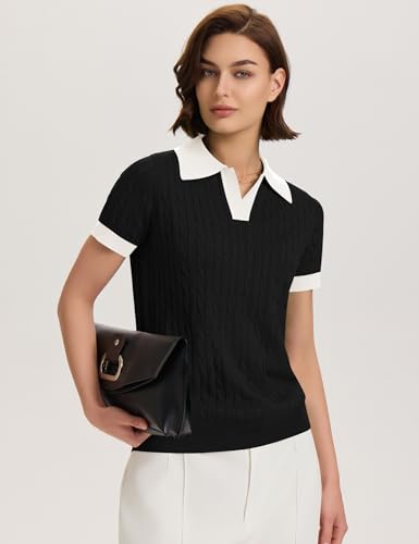 Image of Micoson Womens Short Sleeve Sweater Tops Lapel V Neck Polo Shirts 2026 Summer Cable Knit Loose Blouse Business Casual Outfits