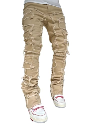 Mens Skinny Jeans Straight Leg Slim Fit Ripped Grunge Punk Rock Frayed Stacked Jeans